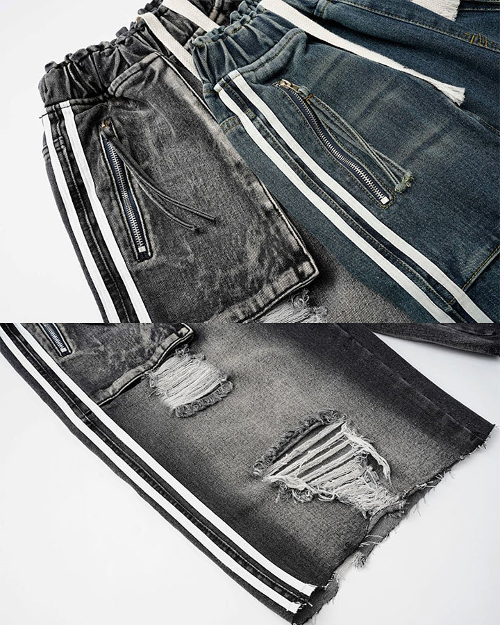 Grunge Drawstring Pocket Distressed Wide Denim Shorts