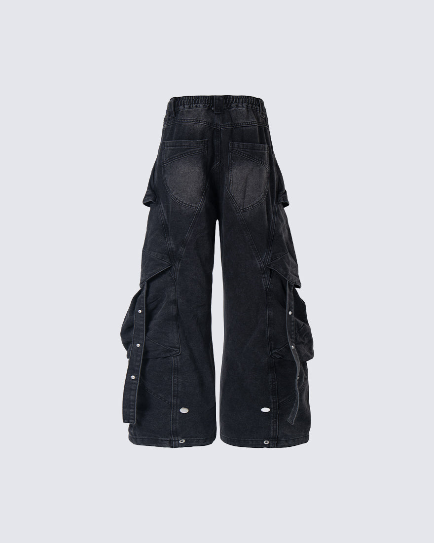 New Dark Washed Utility Strap Wide Leg Jeans