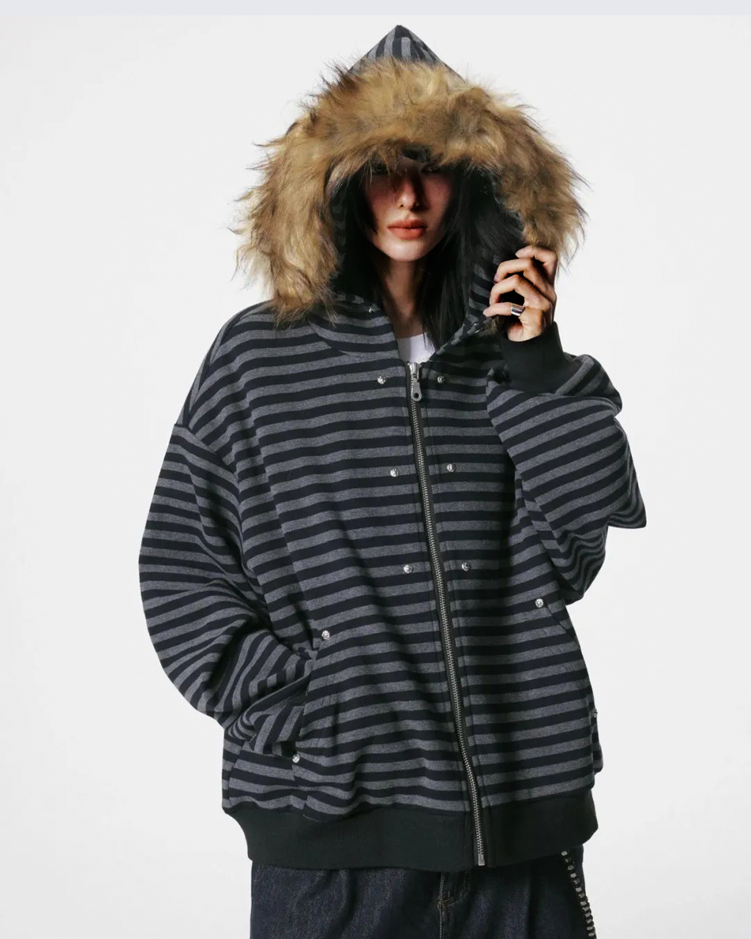 Striped Faux Fur Hooded Jacket