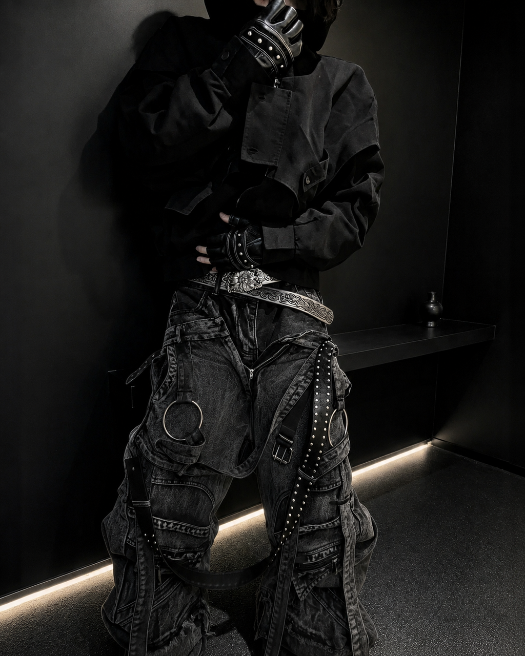 GRYFT Punk Washed Strap Cargo Wide-Leg Jeans