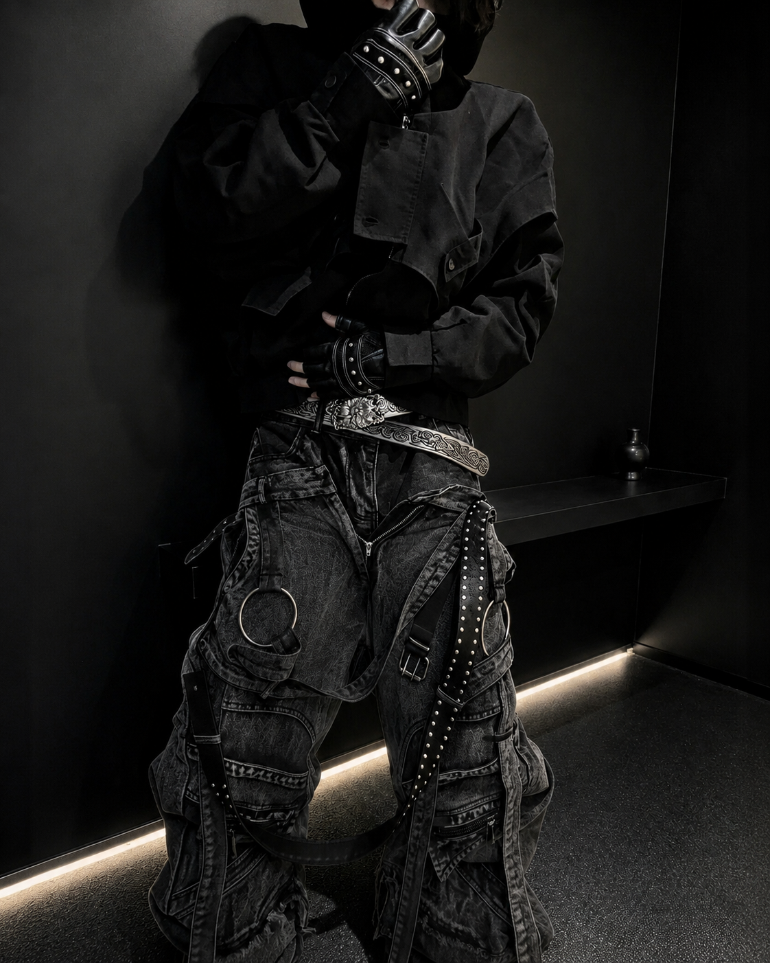 GRYFT Punk Washed Strap Cargo Wide-Leg Jeans