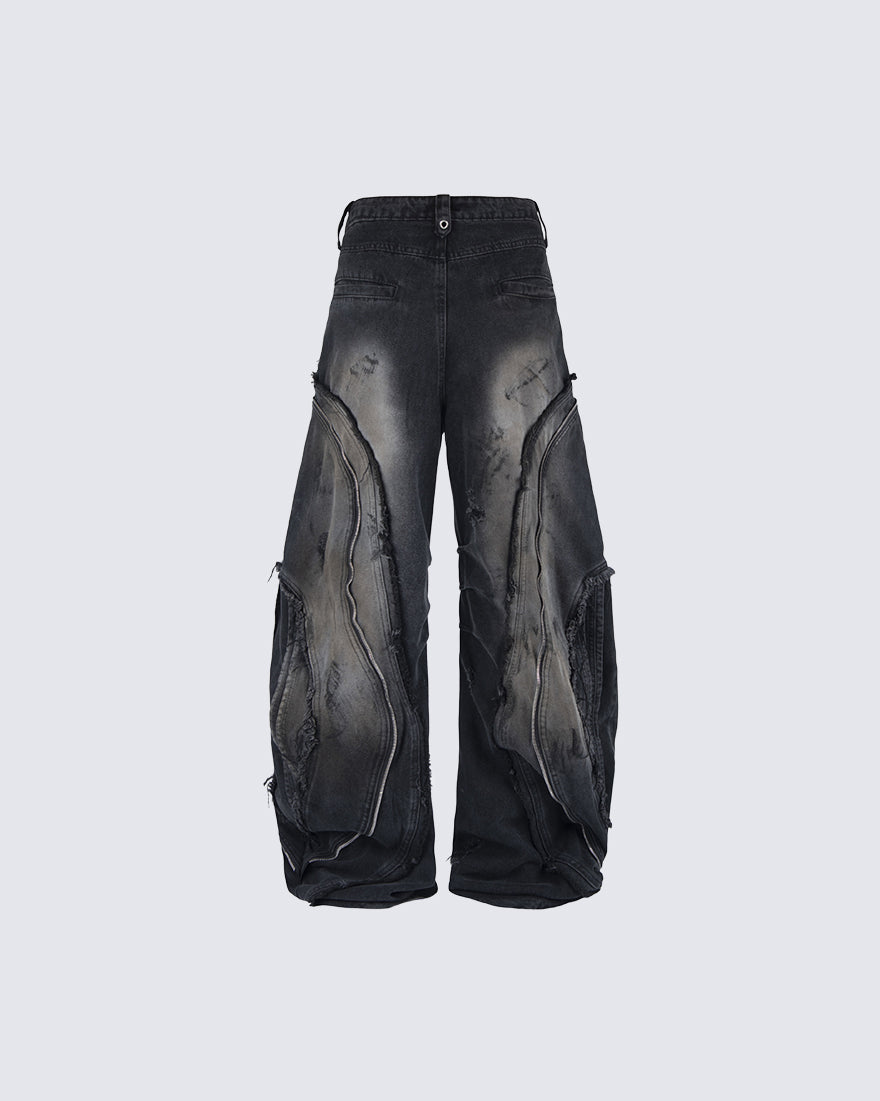 Dark Wavy Zipper Deconstructed Wide Denim Pants New