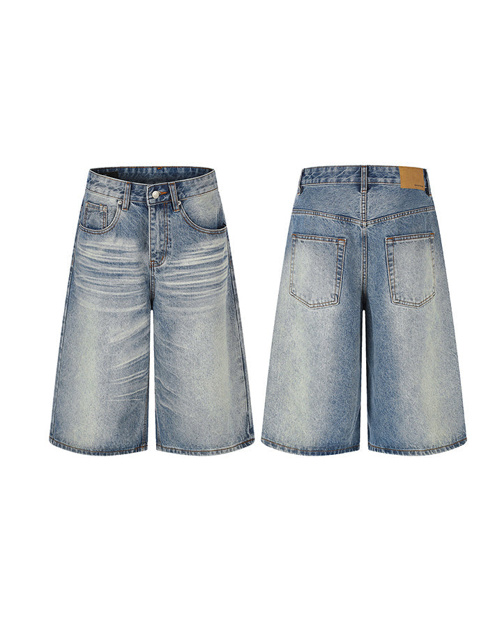 Retro Washed Whisker-Effect Denim Shorts