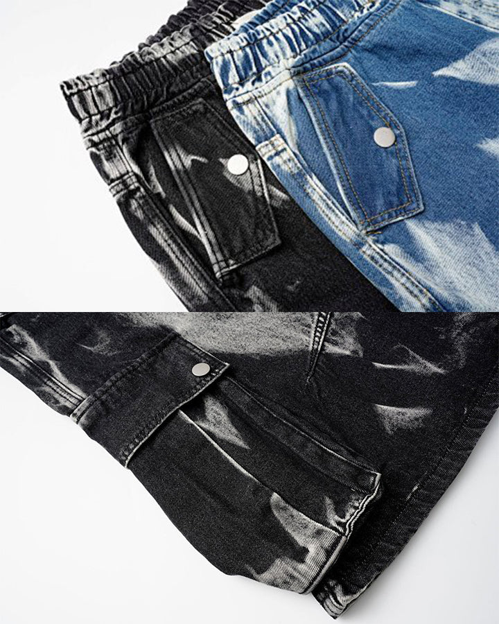 GRYFT Utility Dark-Wash Drawstring Cargo Wide Denim Shorts