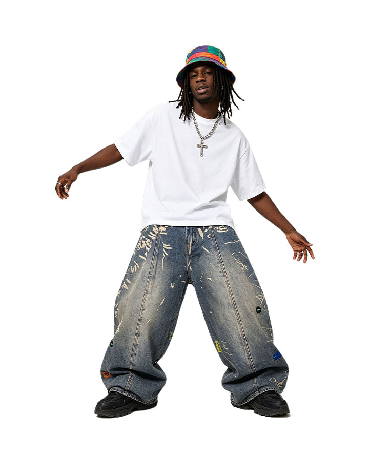 Vintage Graffiti Print Wide Leg Denim Pants New
