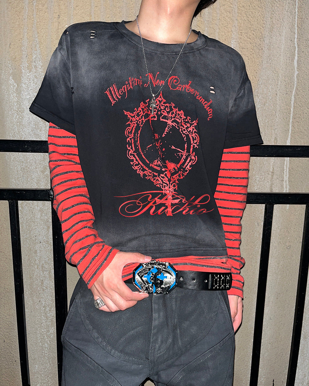 GRYFT Gothic Washed Layered Graphic Long-Sleeve T-Shirt