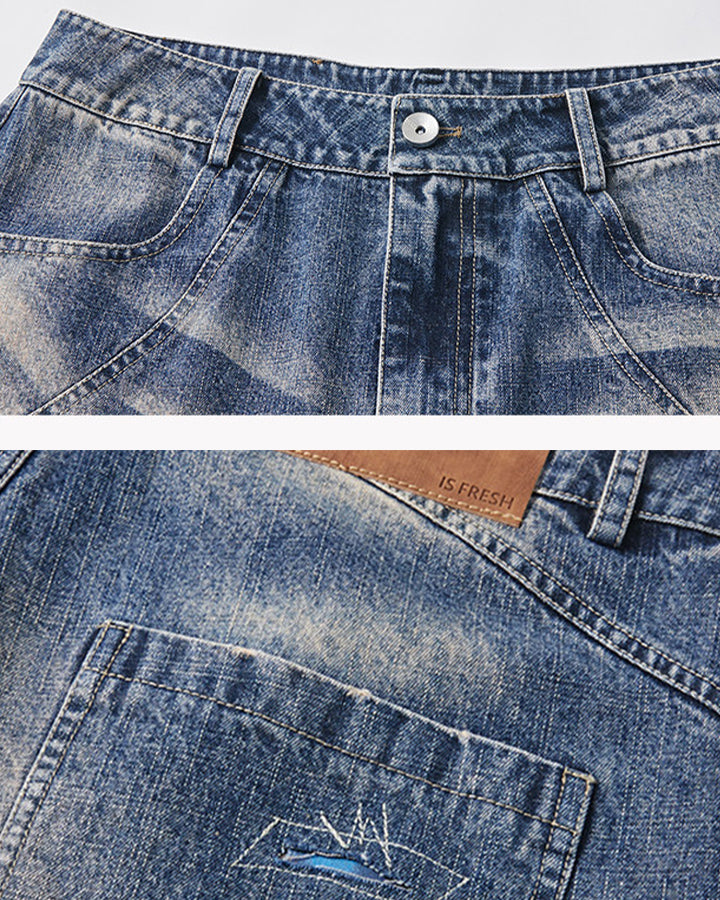 New Vintage Grunge Washed Patchwork Wide Barrel Jeans