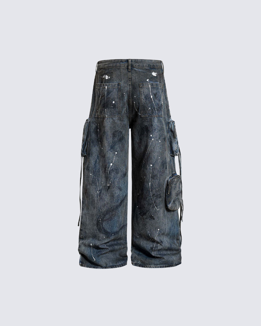 Paint Splatter Cargo Wide Leg Denim Pants