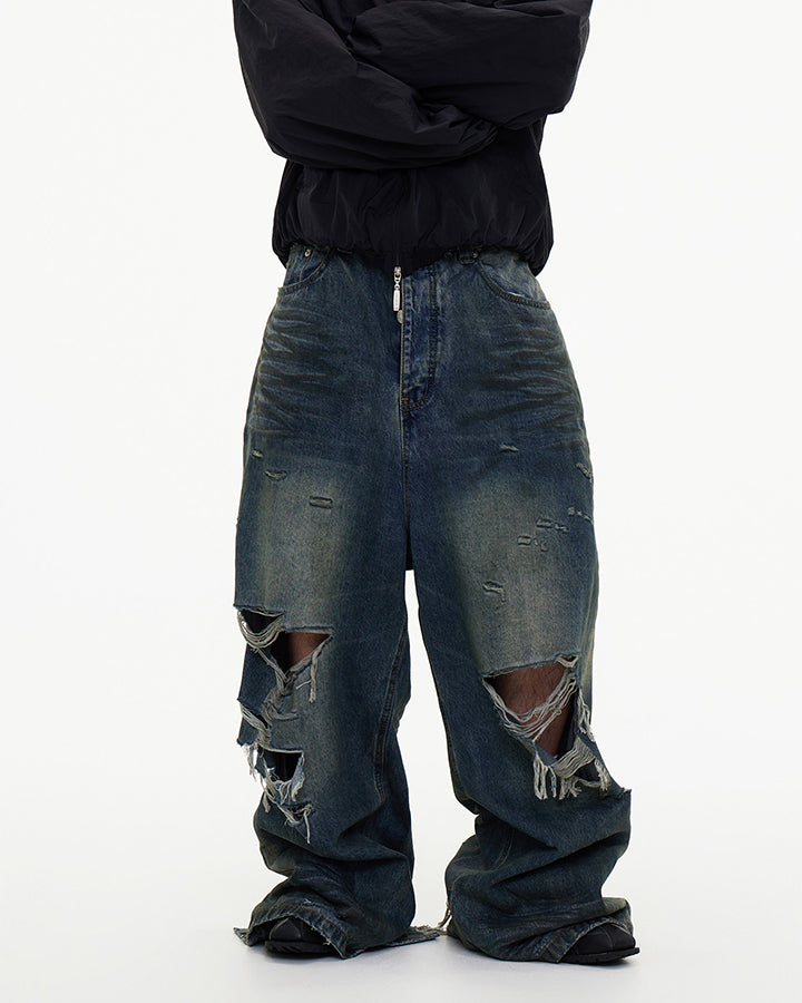 Grunge Distressed Raw Hem Wide Denim Pants New