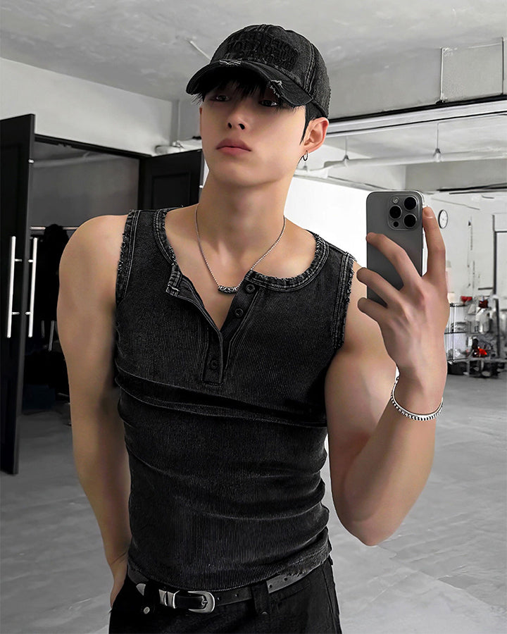 GRYFT Vintage Washed Henley Neck Slim Fit Ribbed Tank Top