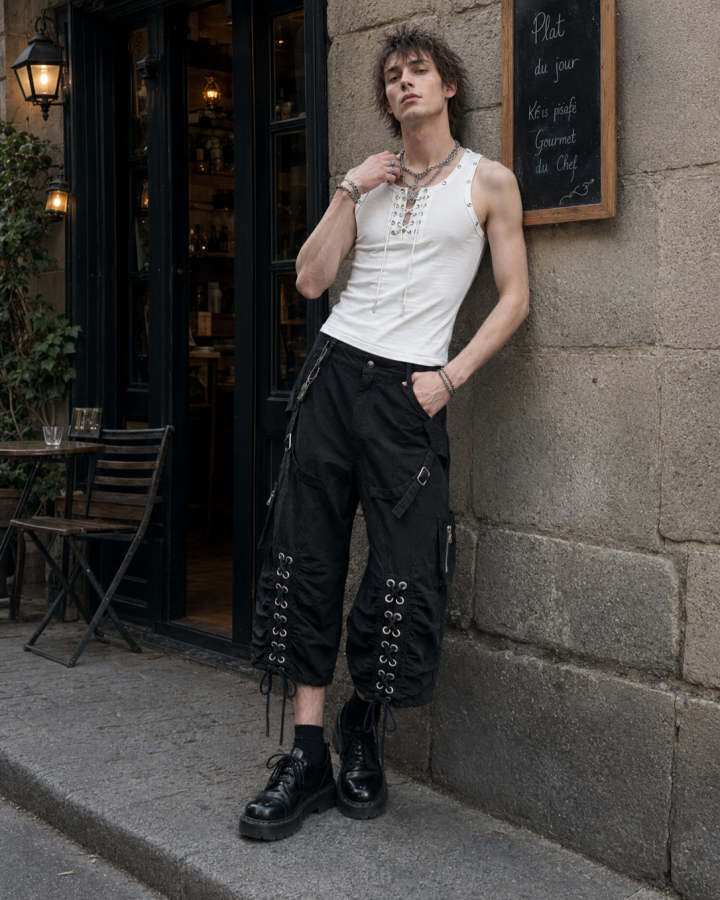Distressed Cargo Wide-Leg Pants with Straps