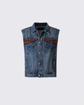 Leather Patch Studded Denim Vest