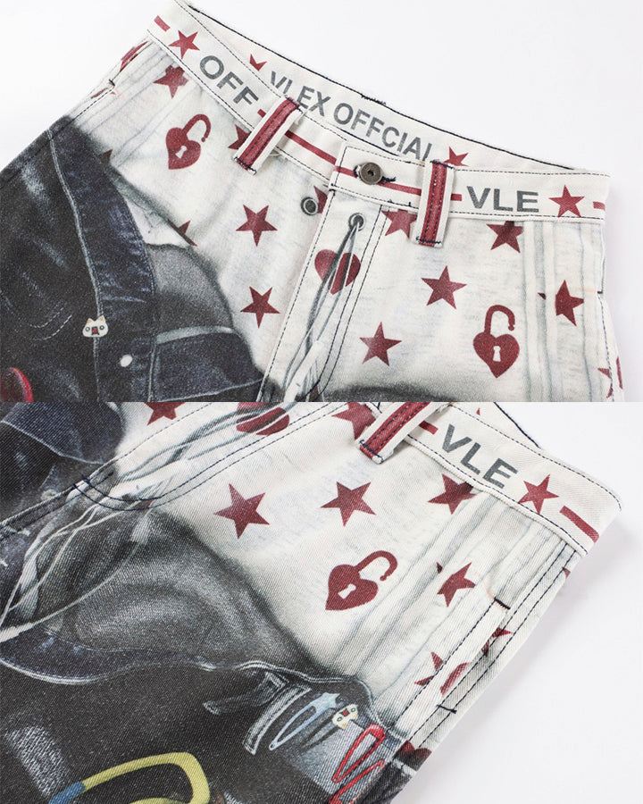 Print Denim Illusion Wide-Leg Pants