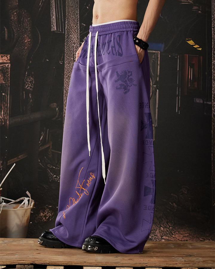 Black Gothic Letter Print Wide-Leg Sweatpants