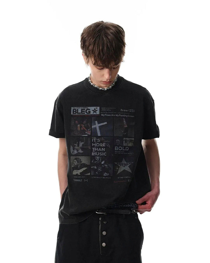 Vintage Graphic Print Music Theme Short Sleeve