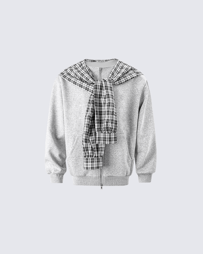 Plaid-Lined Dual-Wear Zip Hoodie