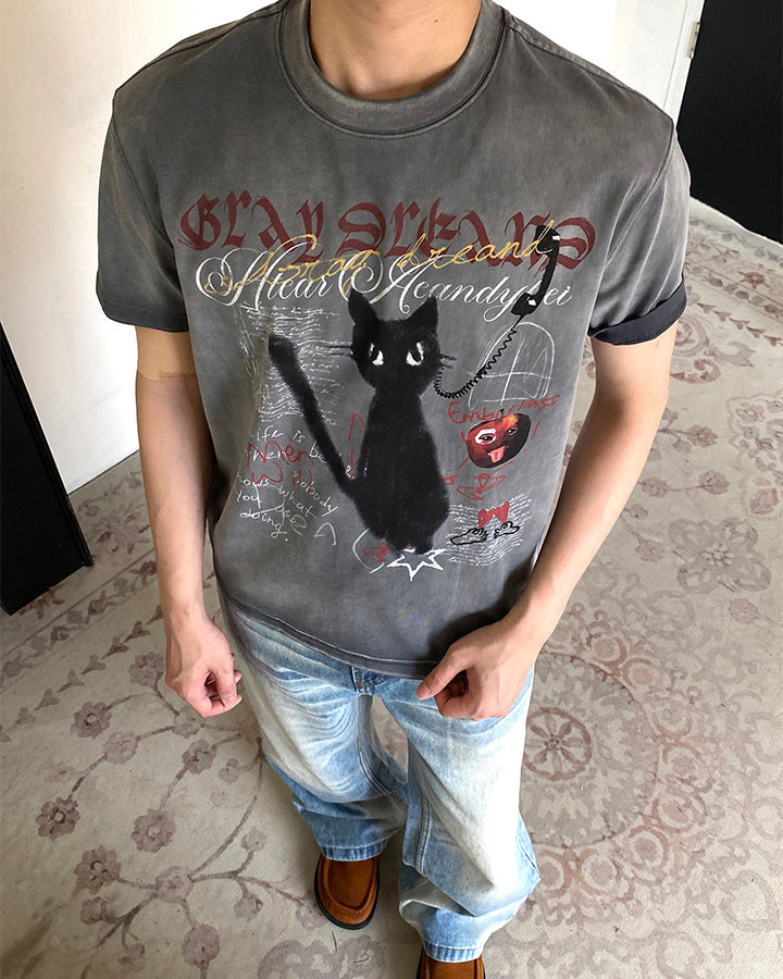 GRYFT Vintage Washed Cat Graphic Streetwear T-Shirt