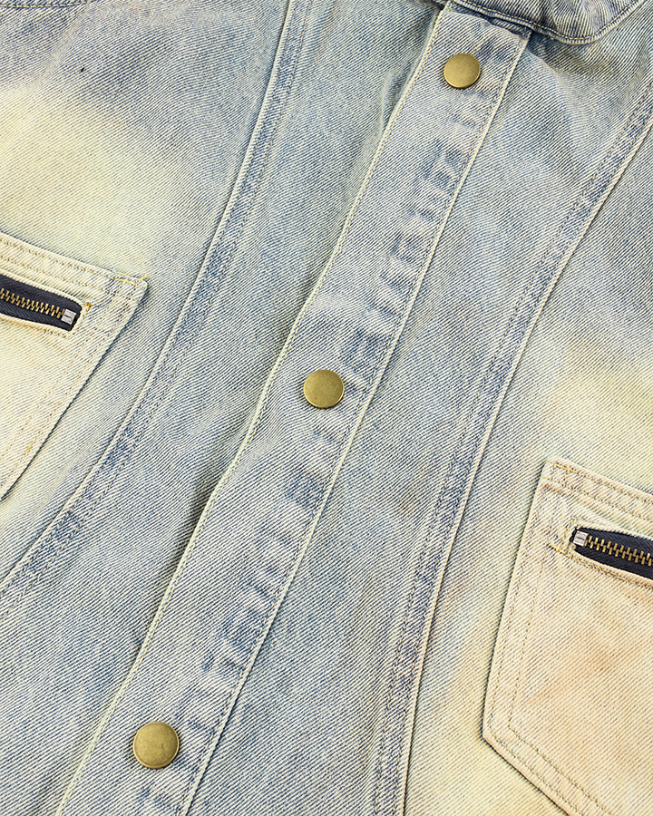 Vintage Wash Denim Jacket with Zipper Pockets