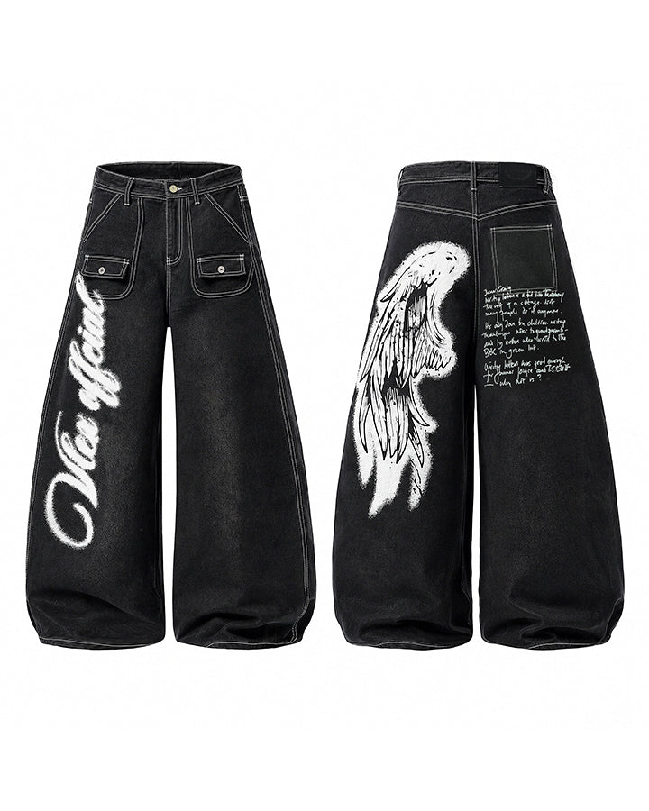 New Gothic Angel Wing Graffiti Wide Leg Jeans