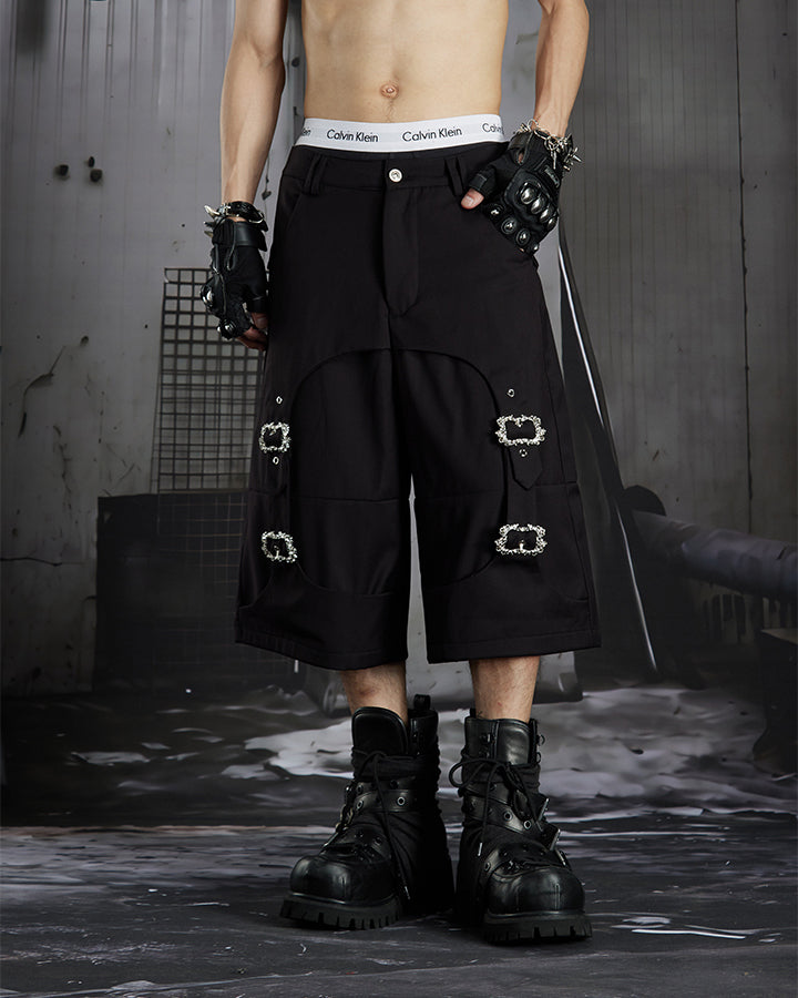 Dark Avant Garde Deconstructed Metal Buckle Suit Shorts