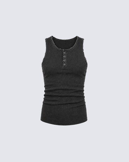 GRYFT Vintage Washed Henley Neck Slim Fit Ribbed Tank Top