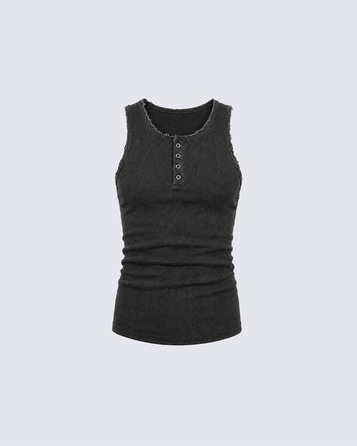 GRYFT Vintage Washed Henley Neck Slim Fit Ribbed Tank Top