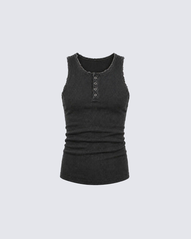 GRYFT Vintage Washed Henley Neck Slim Fit Ribbed Tank Top