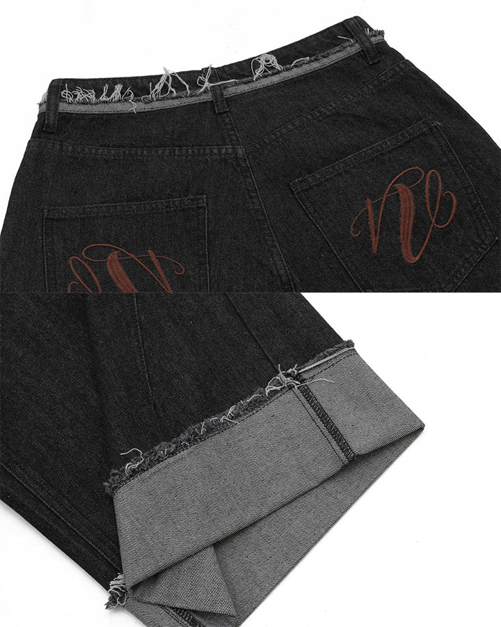 New Dark Raw Edge Cuffed Wide Denim Shorts