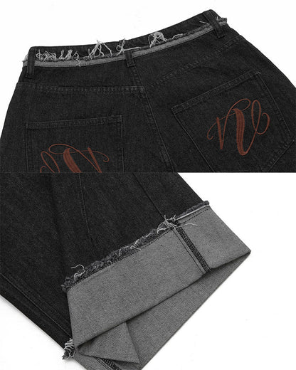 New Dark Raw Edge Cuffed Wide Denim Shorts