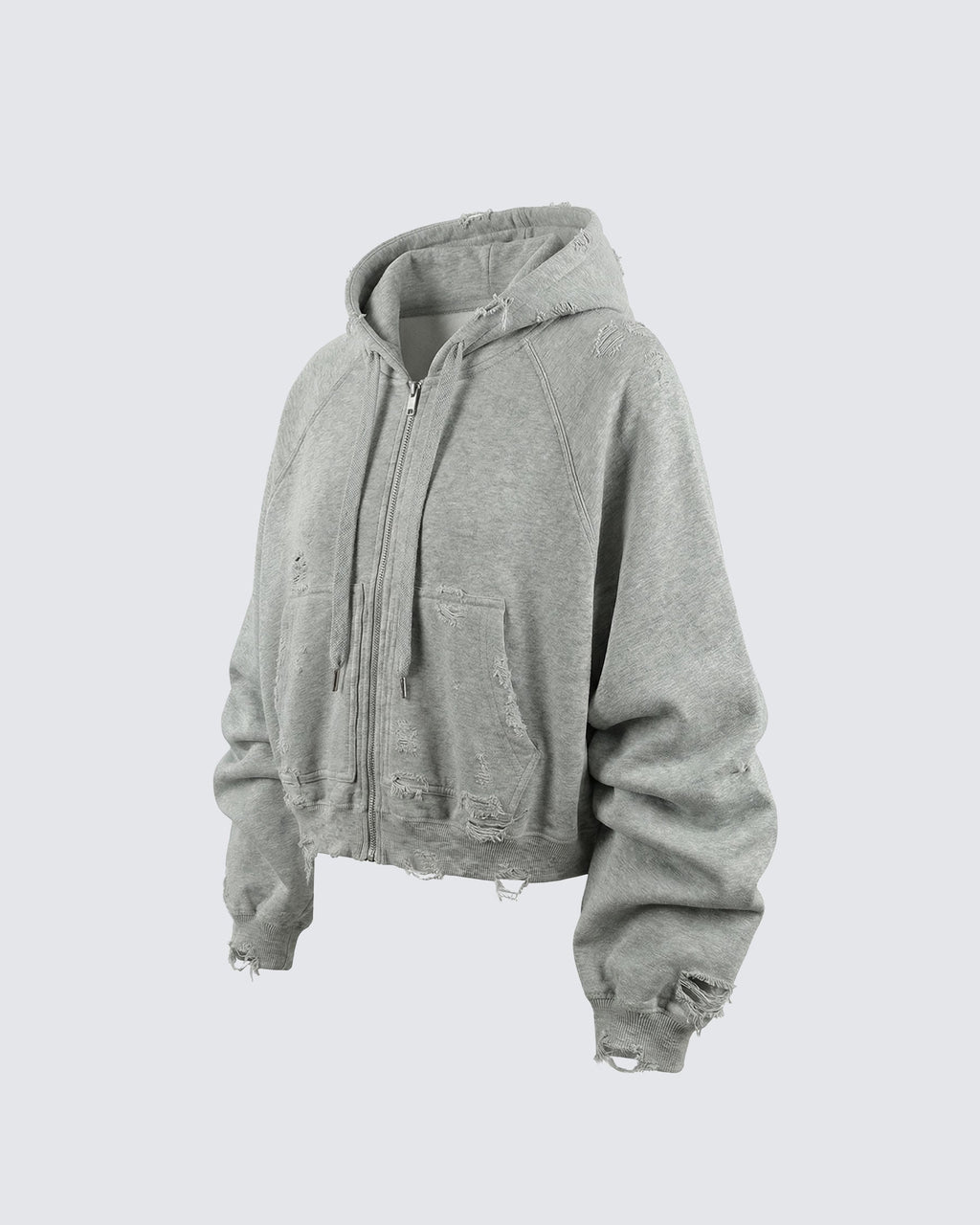 LOW SATURATION-Distressed Cropped Zip-Up Hoodie