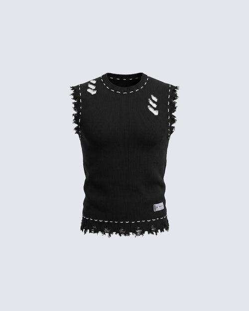 Distressed Trim Hollow Out Knit Tank Top
