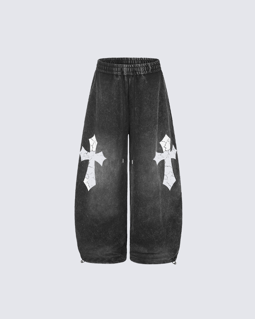 GRYFT Gothic Washed Cross Wide-Leg Sweatpants