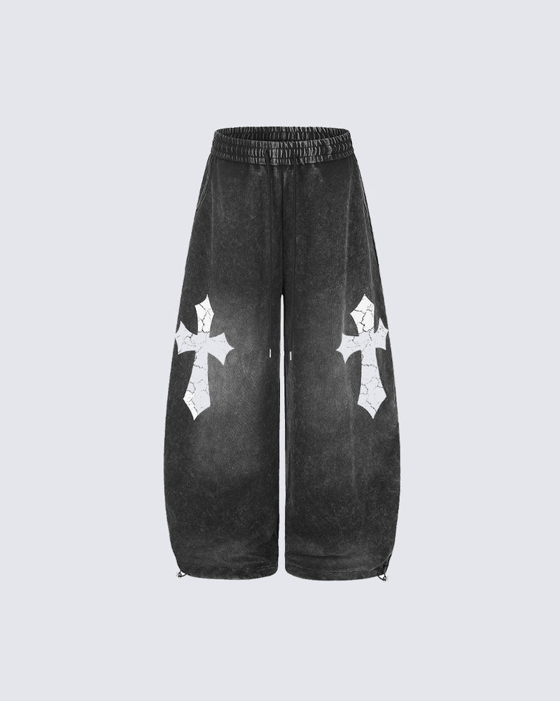 GRYFT Gothic Washed Cross Wide-Leg Sweatpants