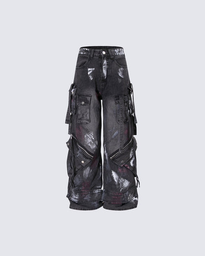 Deconstructed Graffiti Strap Cargo Jeans