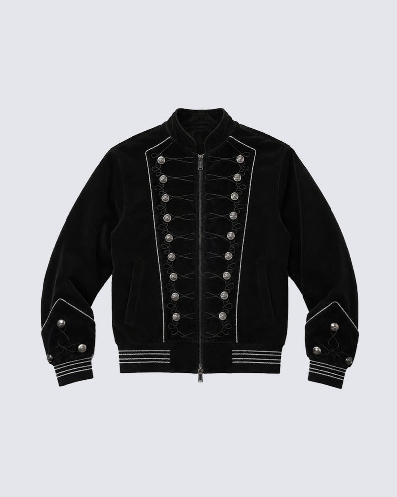 GRYFT Vintage Dark Palace Braided Silver‑Button Bomber Jacket