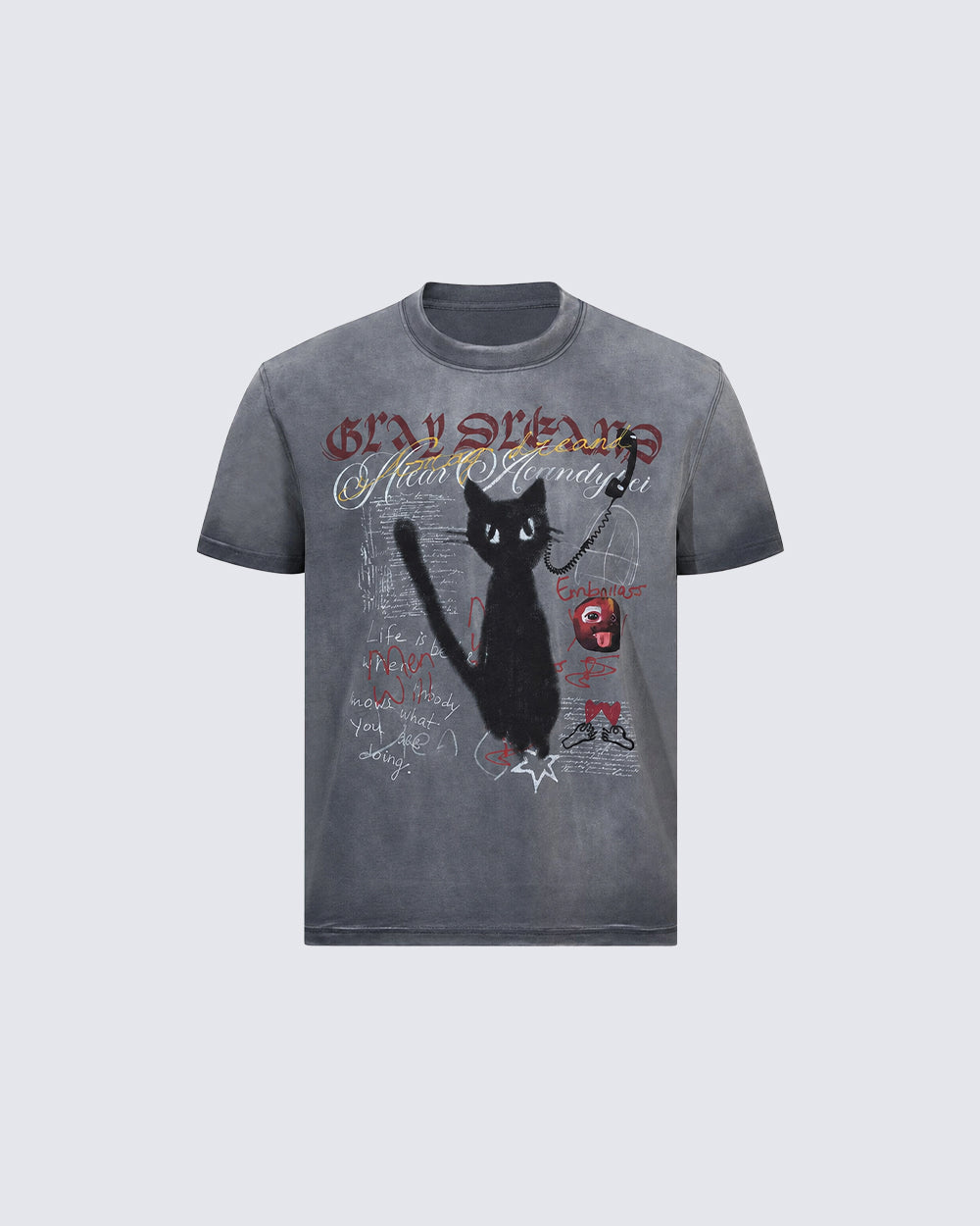 GRYFT Vintage Washed Cat Graphic Streetwear T-Shirt