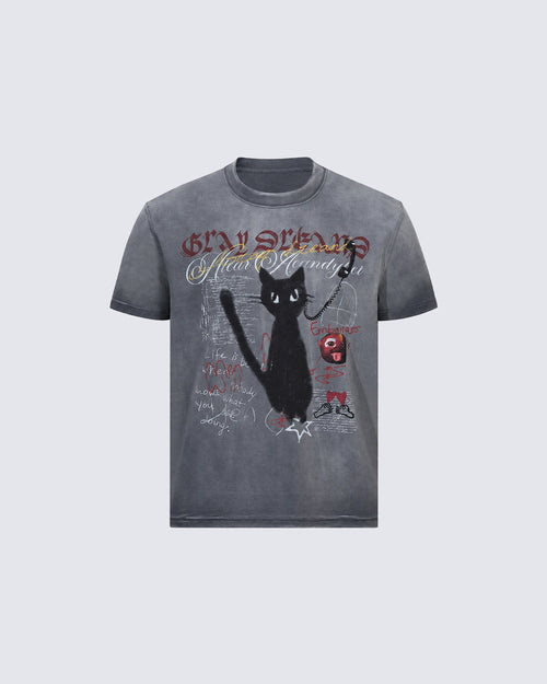 GRYFT Vintage Washed Cat Graphic Streetwear T-Shirt