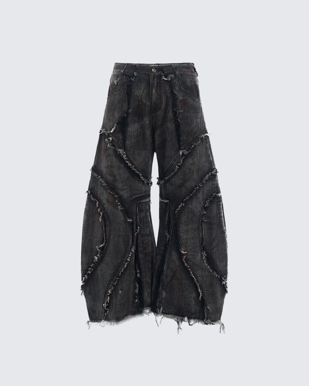 GRYFT Distressed Black Denim Wide-Leg Pants with Frayed Details