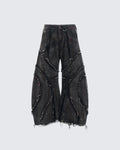GRYFT Distressed Black Denim Wide-Leg Pants with Frayed Details