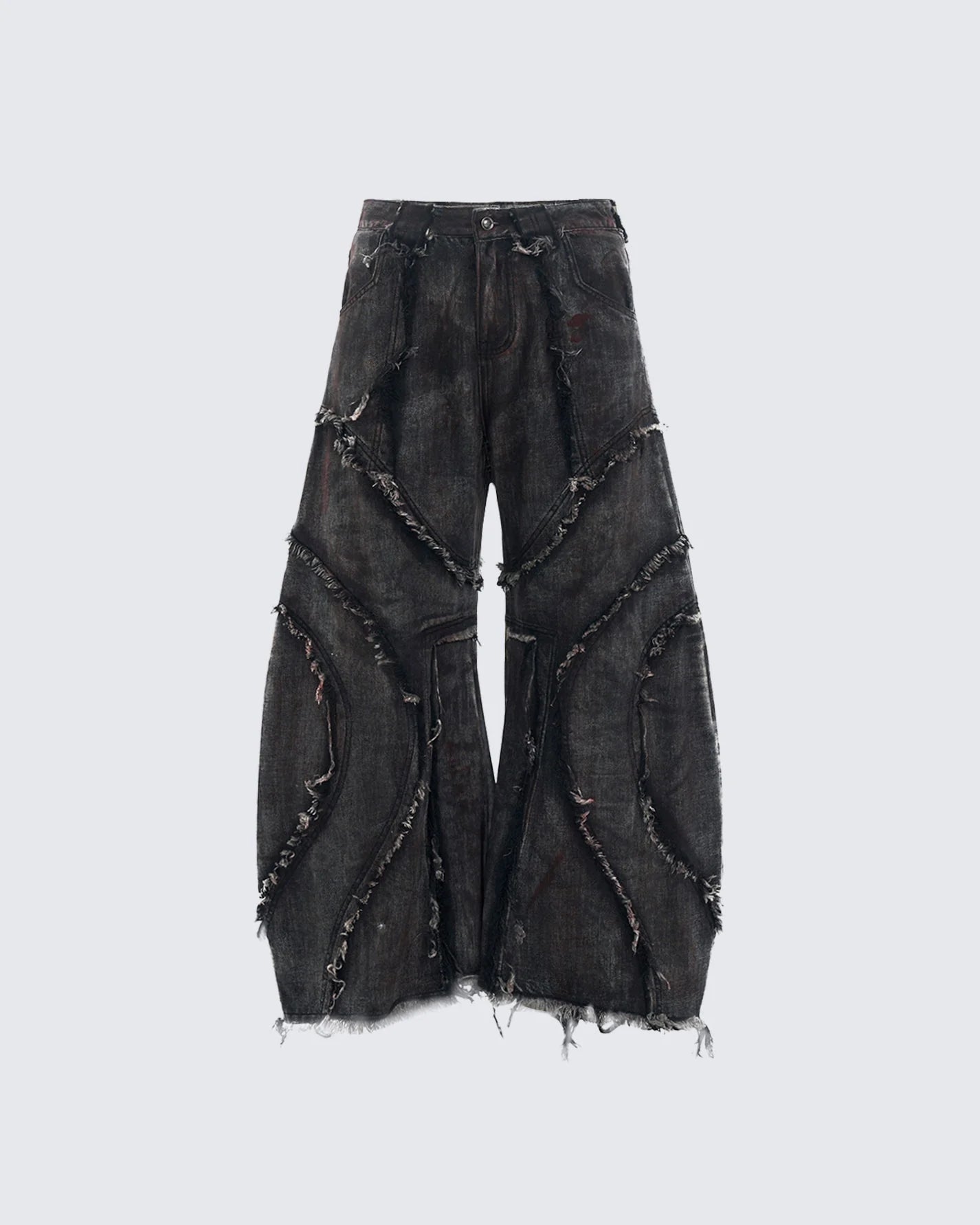 GRYFT Distressed Black Denim Wide-Leg Pants with Frayed Details