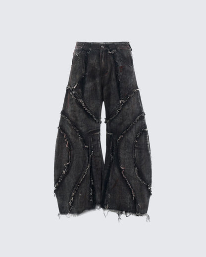 GRYFT Distressed Black Denim Wide-Leg Pants with Frayed Details