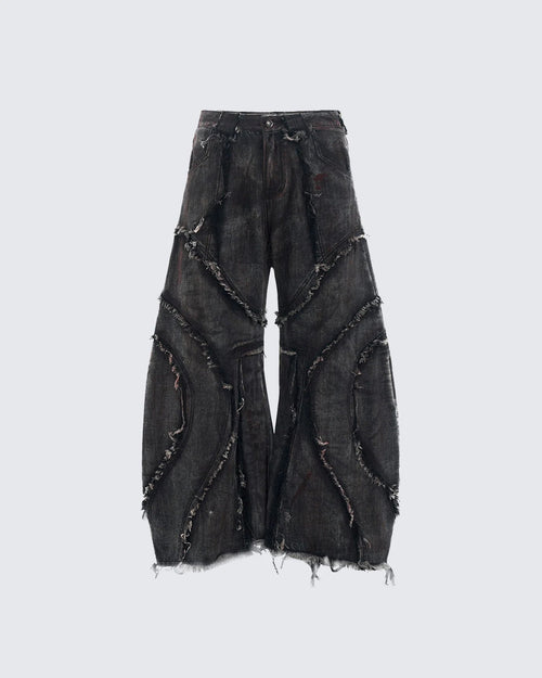 GRYFT Distressed Black Denim Wide-Leg Pants with Frayed Details