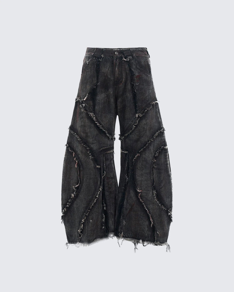 GRYFT Distressed Black Denim Wide-Leg Pants with Frayed Details