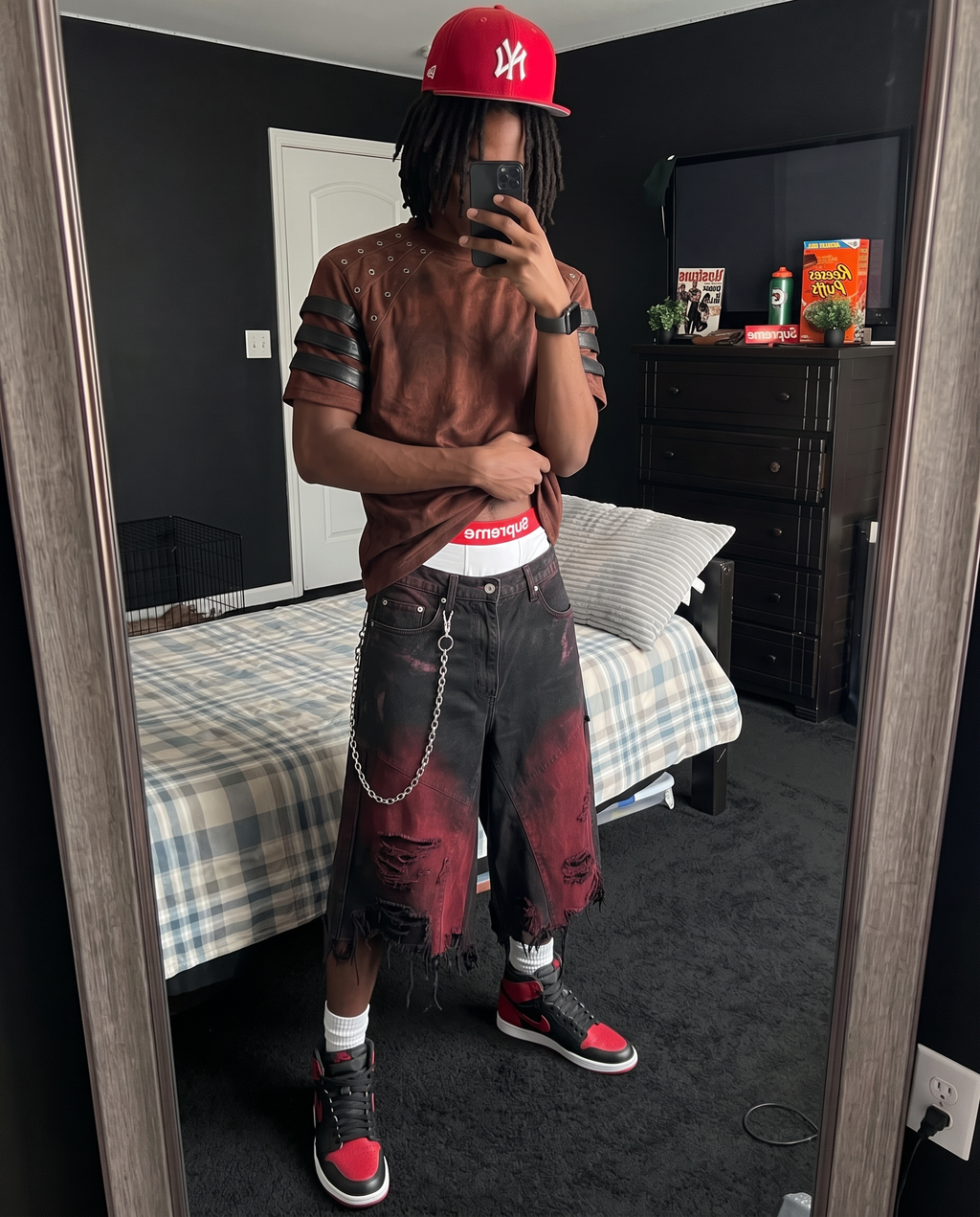 GRYFT Red Washed Distressed Denim Shorts