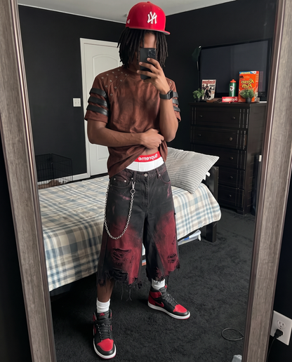 GRYFT Red Washed Distressed Denim Shorts
