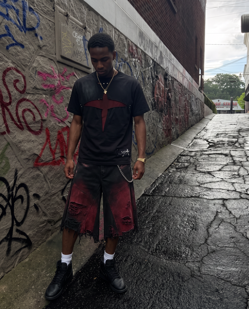 GRYFT Red Washed Distressed Denim Shorts