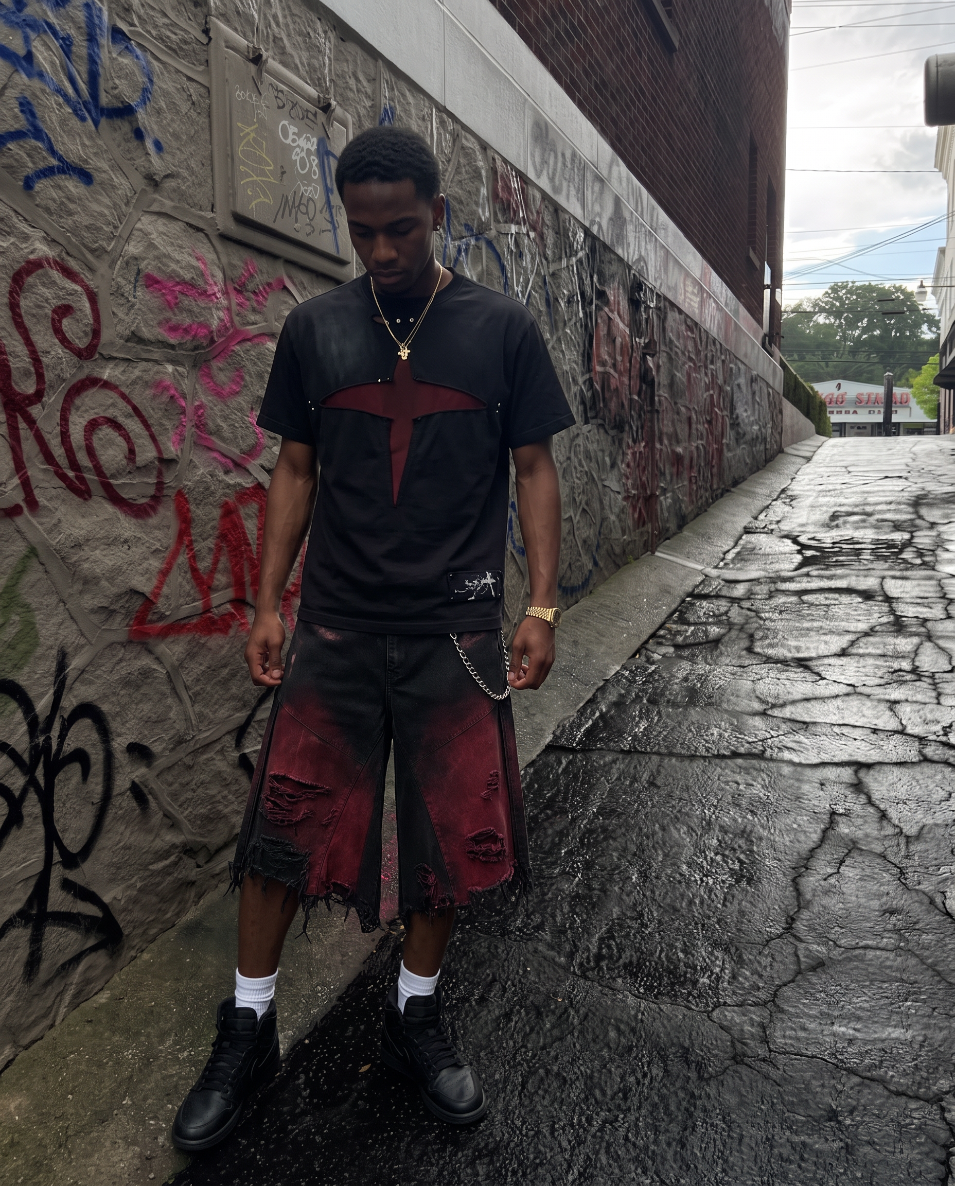 GRYFT Red Washed Distressed Denim Shorts