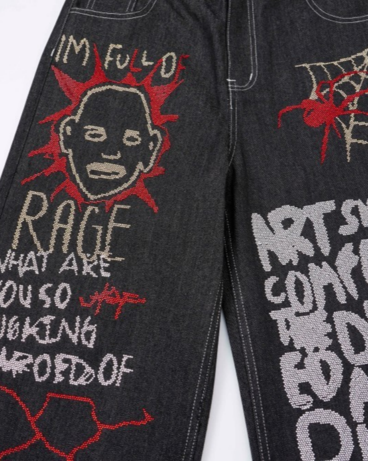 High Street Dark Style Graffiti Embroidered Jeans