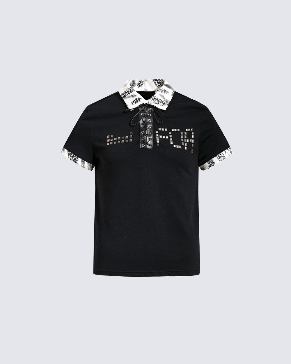 American Retro Leopard Print Metallic Stud Letter T-Shirt