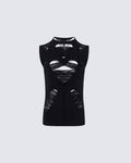 New Dark Distressed Cutout Sleeveless Knit Top